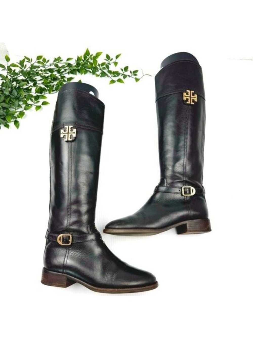 Tory Burch The Eloise Tall logo Riding Boot Leather Deep Brown & Gold 7